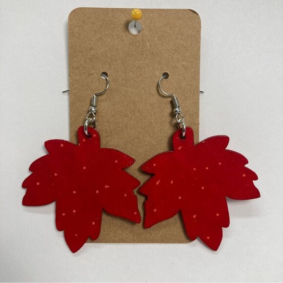 Hand-Painted Earrings Wooden Red Maple Leaf for Fall Halloween Thanksgiving New - Picture 2 of 10